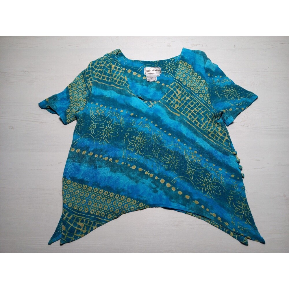Karin Stevens Vintage 90s Women's Top Size 14 Blue Yellow Short Sleeve 100%